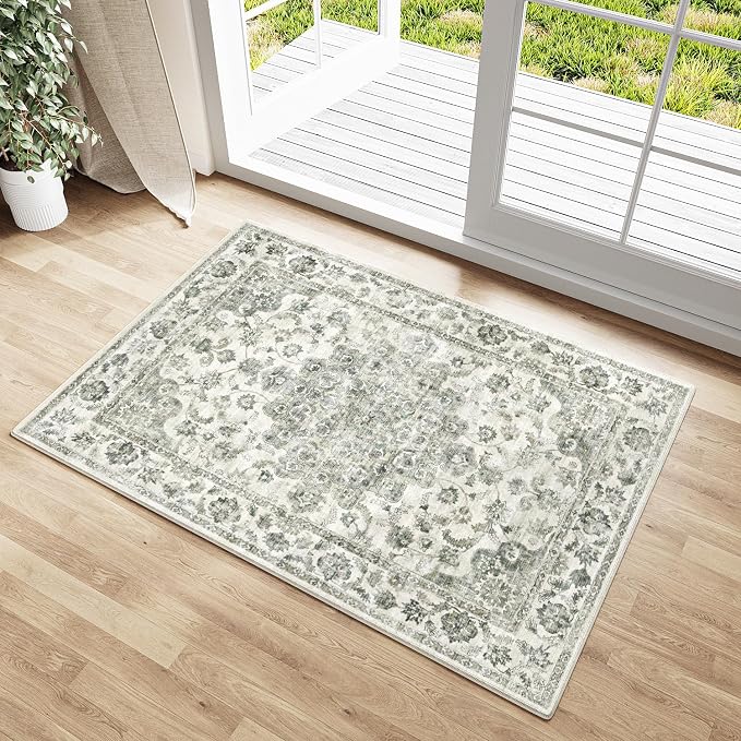 2x3 Green Neutral Area Rug | Washable, Non Slip, Soft Low Pile, Vintage Farmhouse, for Entryway Kitchen Bathroom Living Room Bedroom Indoor Home Decor