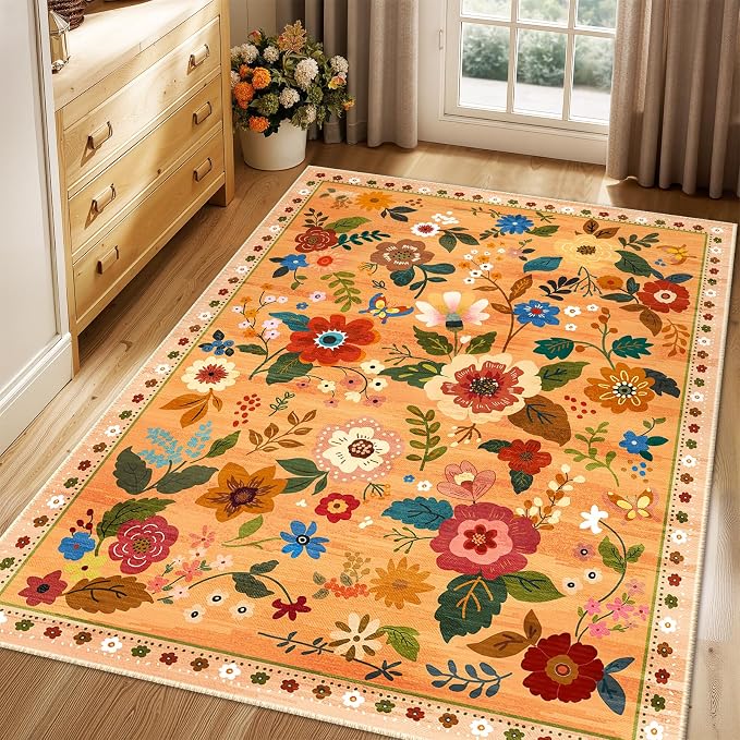 RELEANY Floral Washable 4x6 Area Rugs Orange/Yellow/Red | Flower Carpet, Print, Boho, Non-Slip, Easy to Clean, Soft, Low Pile for Living Room Bedroom Kitchen Office Entryway Hallway