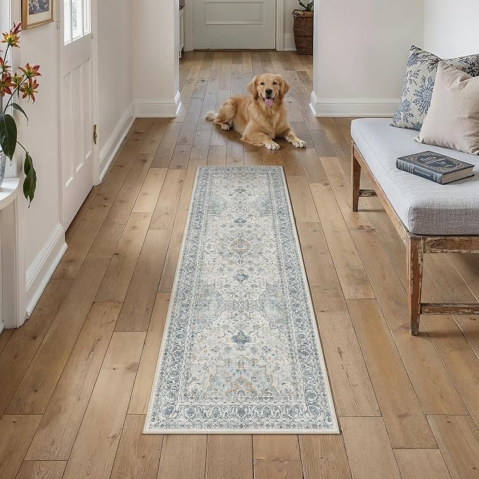 2x6 Washable Runner Rug Navy Blue Non Slip Vintage Carpet | Low Pile, Stain Resistant, Living Room, Kitchen, Bedroom, Entryway, Laundry Room, Hallway, Soft, Thin, Lightweight