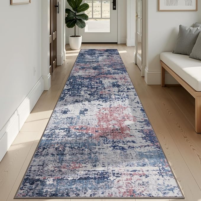Sasttie 2x12 Runner Rug, Modern Abstract Hallway Carpet, Pink & Blue | Machine Washable, Ultra-Soft Faux Wool, Low Pile, Non-Slip, Thin, for Entrance, Entryway, Kitchen & Laundry Room