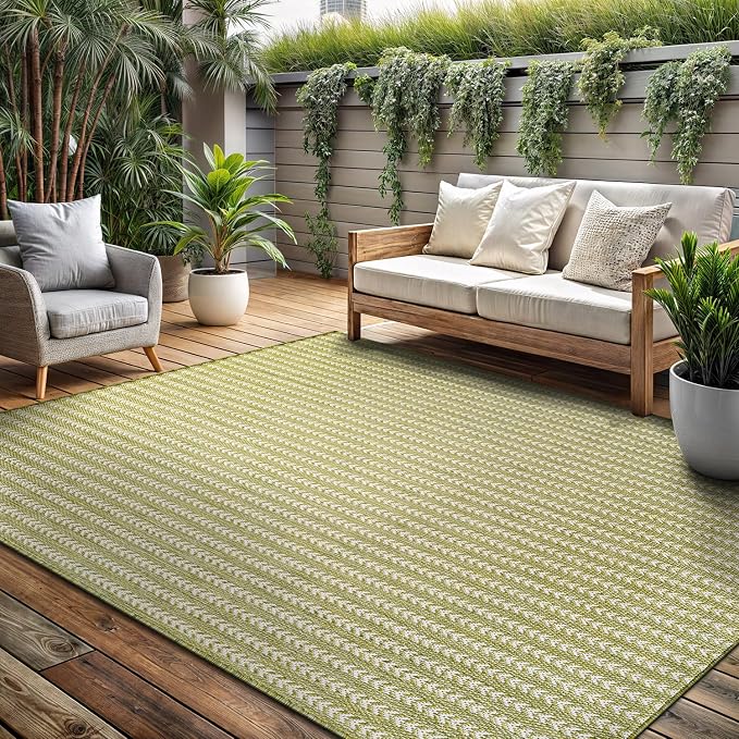 Washable Outdoor Rug 10x14 Modern Area Rugs Outdoor Carpets Striped Pattern Non Shedding Waterproof Easy Clean Patio Deck Porch Living Room Bedroom Garden RV (10 X 14 Olive)