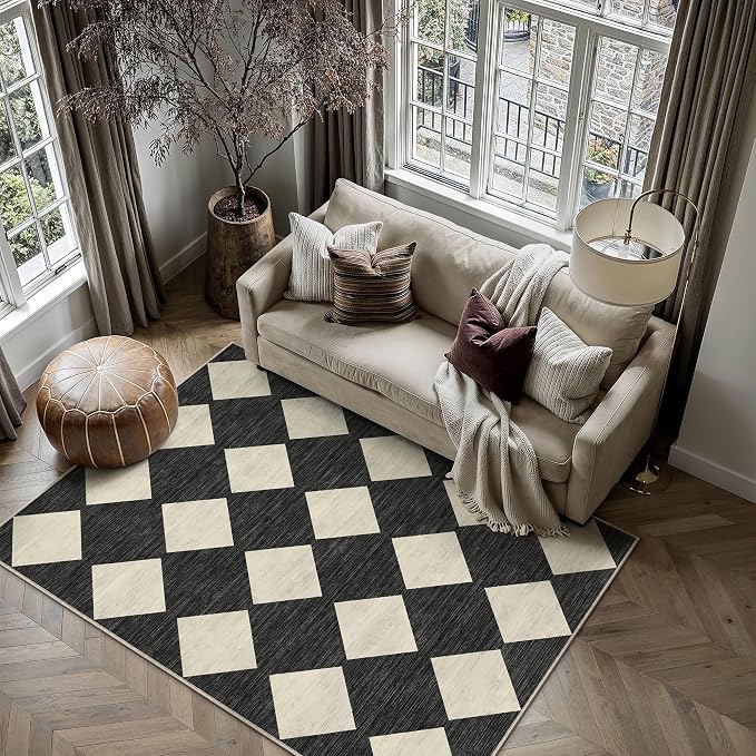 Black 4x6 Washable Area Rug Small Non Slip Checkered Carpet | Soft, Low Pile, Easy Clean, Diamond Pattern, for Bedroom, Classroom, Nursery, Office, Kids Room, Modern Indoor Decor