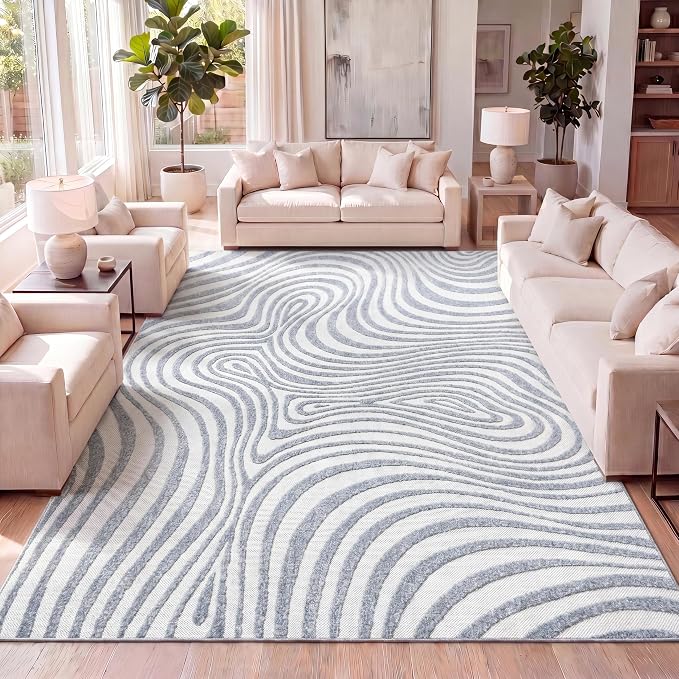 JONATHAN Y Maribo High-Low Abstract Striped Light Blue/Ivory 6x9 Indoor/Outdoor Area Rug, Pet Friendly, Non-Shedding, Stain Resistant, Easy-Cleaning for Backyard, Patio (SCN103C-6)