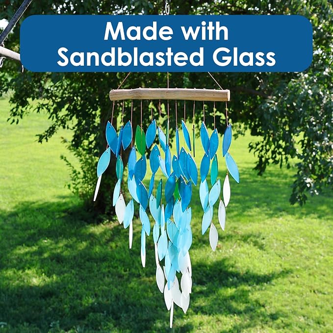 Blue Handworks Ocean Ombre Deluxe Waterfall Glass Wind Chime | Handcrafted Deluxe Waterfall Glass Wind Chime with Ombre Gradient from Deep Royal Blue to Soft Aqua and Frosted White