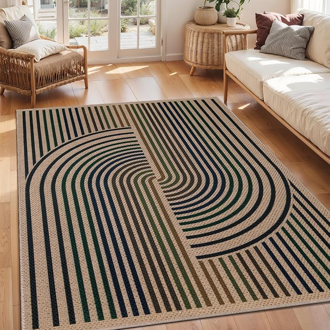 Tangsoo Easy Jute Area Rug 4x6 Washable Rug for Indoor Outdoor Patio,Non-Slip Indoor Outdoor Carpet,Farmhouse Colored Lines Throw Mat for Front Porch Kitchen Bedroom Foyer