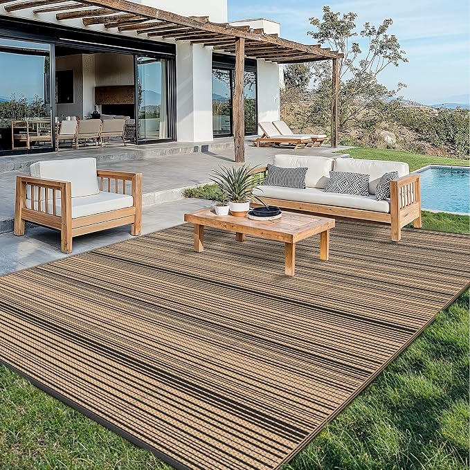 GENIMO Outdoor Rug for Patio Clearance, 10'x14' Reversible Plastic Straw Rugs, Lightweight Waterproof RV Camping Mat for Camper, Balcony, Deck, Backyard, Picnic, BlackBrown