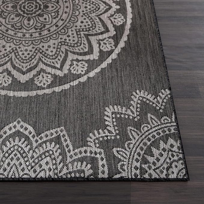 CAMILSON Outdoor Rug 5x7 Modern Area Rugs for Indoor and Outdoor Patios and Porches - Waterproof Washable Non-Shedding Easy-to-Clean Outside Carpet (5 x 7, Medallion - Dark Grey/Light Grey)