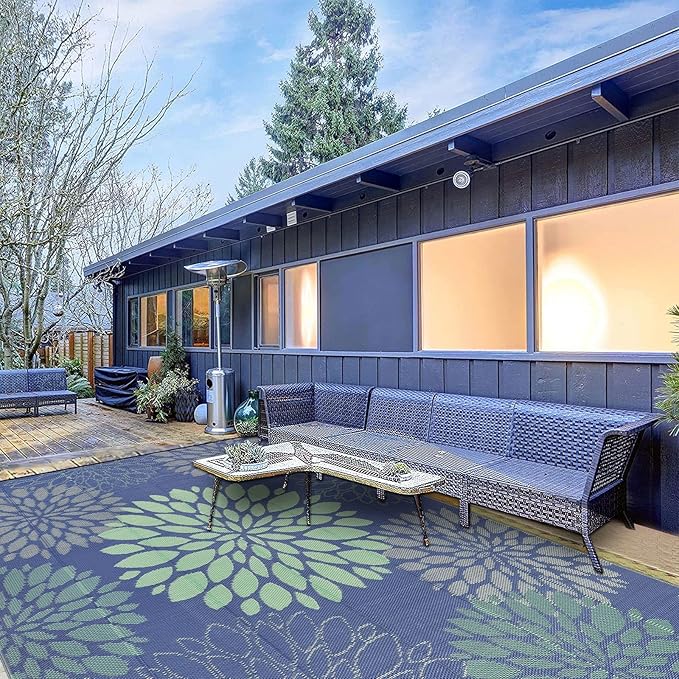 Ileading Waterproof Outdoor Rug 8x10, Reversible Plastic Straw Patio Rug, Portable Indoor Outdoor RV Camping Mat Carpet for Deck, Porch, Balcony, Backyard, Picnic, Floral Navy Blue