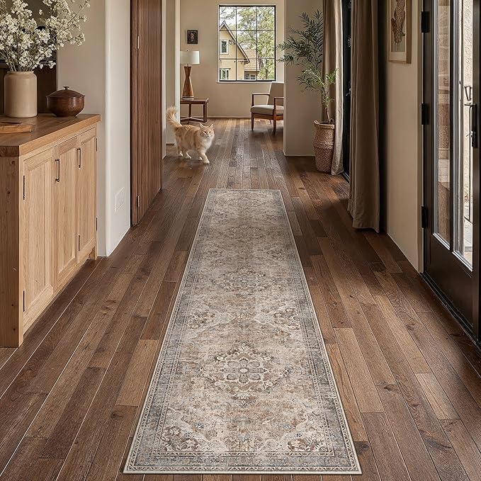 Brown Runner Rug 2x10 Hallway Vintage Floral Non-Slip Carpet | Machine Washable, Soft, Low Pile, Distressed, for Hallway, Kitchen, Laundry Room, Bathroom, Retro Farmhouse Decor