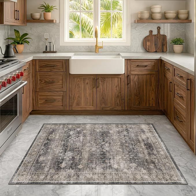 Washable Entryway Rug 3x5 for Kitchen, Bathroom, Low Pile Non-Slip Stain Resistant Indoor Front Door Mat, Charcoal Stone Farmhouse Modern Oriental Distressed Geometric Throw Area Rug