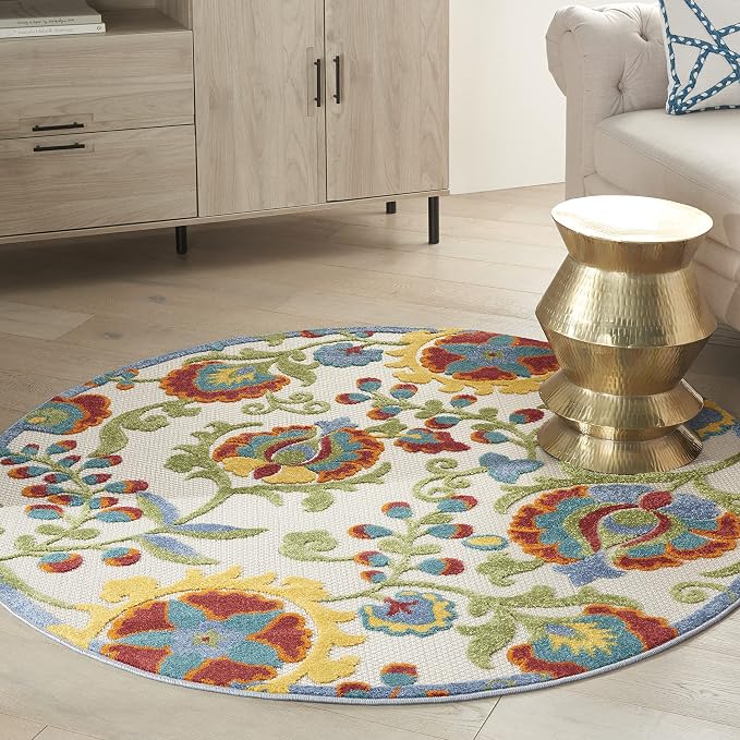 Nourison Home Aloha Ivory Multicolor 4' x Round Area Rug - Easy Clean, Non Shedding, Bed Room, Living Room, Dining Room, Kitchen (4' x Round)