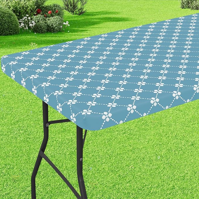 misaya Rectangle Vinyl Table Cloth, Elastic Fitted Tablecloth with Flannel Backing, Waterproof Plastic Table Cover Fits 6 Foot Folding Tables for Picnic, Camping and Outdoor (Lake Blue, 30" x 72")