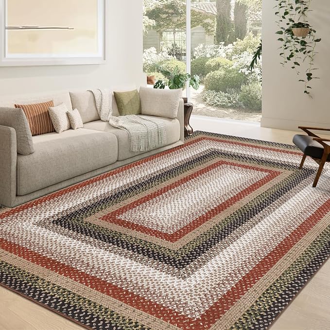 RUGSREAL Modern Rug for Entryway 3x5 Braided Washable Living Room Rug | Non Slip Small Dining Room Throw Carpet Stain Resistant Farmhouse Rustic Area Rug for Bedroom Kitchen, Crimson/Earthy