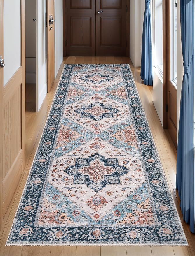 SERISSA 2'6"x8' Washable Non Slip Boho Runner Rug for Hallway，Blue Orange | Ultra Soft Vintage Oriental Carpet Low-Pile Distressed Tribal Floor Carpet for Kitchen Bedroom Bathroom Laundry Room