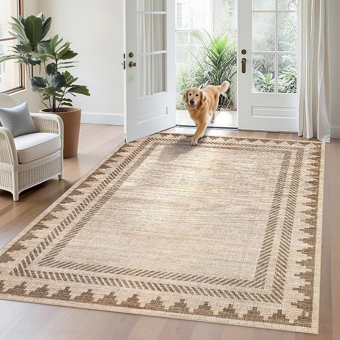 Washable Rugs 5x7 Unique Bordered Geometric Rug for Living Room, Modern Neutral Carpet with Non Slip TPR Backing,Stain-Resistant Non Shedding Floor Covering, Low Pile Foldable Mat for Nursery,Tan
