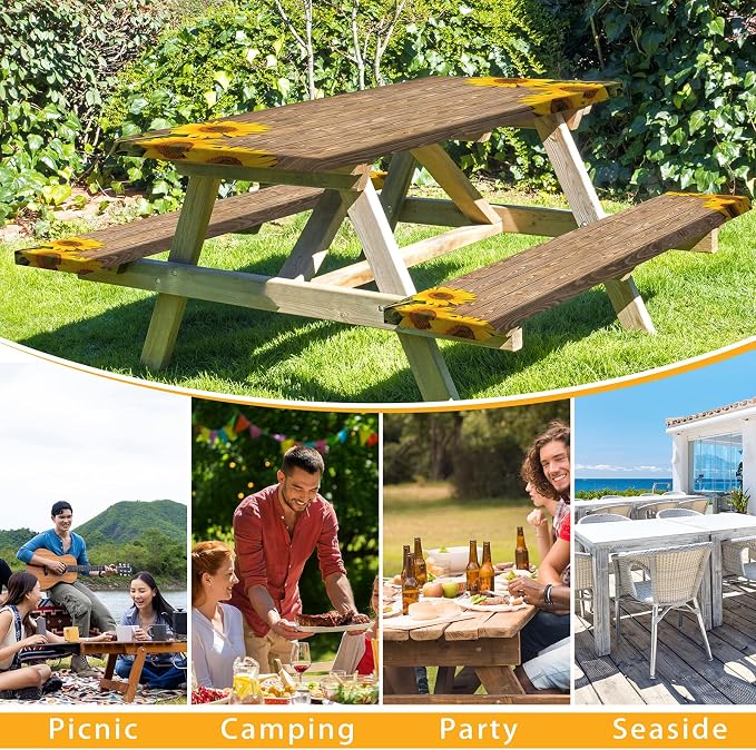 Picnic Table Cover with Bench Covers 6FT Sunflower Waterproof Fitted Picnic Table Cloths Wood Texture Outdoor Elastic Picnic Tablecloth Outdoor Camping Essentials(3pcs-72")