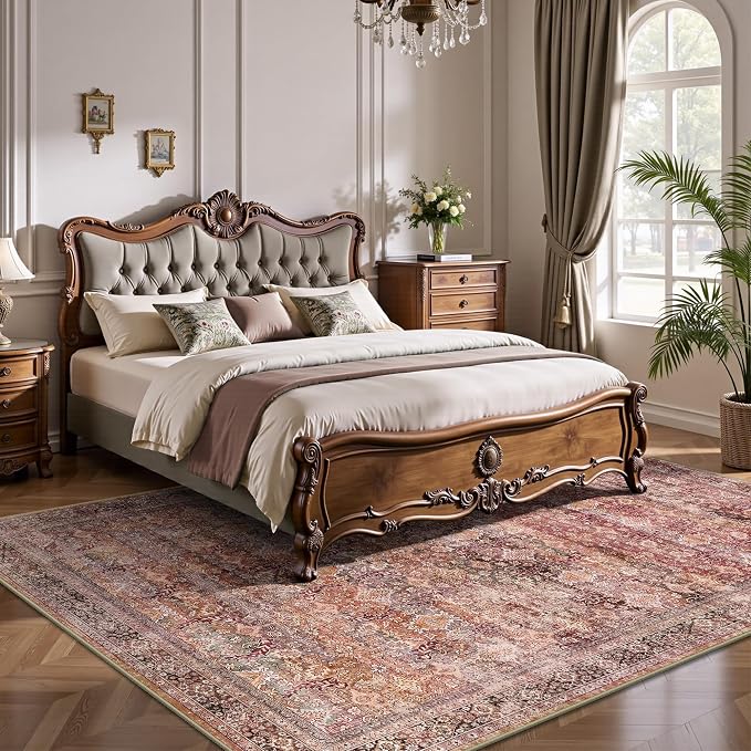 5x7 Area Rugs - Washable Vintage Retro Living Room Rug, Soft Ultra Thin Non Slip Low Pile Traditional Distressed Boho Carpet for Bedroom Dining Room Nursery Home Office, Vintage Iron Red