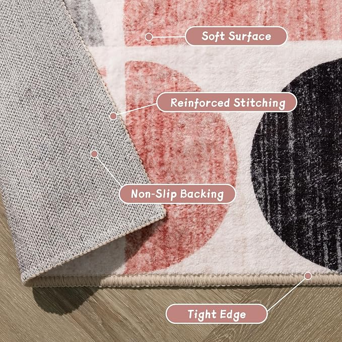 Round Rugs 6ft,Circle Area Rug Washable Non Slip Modern Abstract | Large Circular Rugs for Living Room Dining Room Boho Throw Carpet Soft Low Pile Floor Indoor Bohemian Pink and Grey