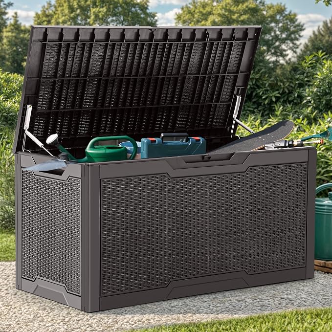 YITAHOME 100 Gallon Large Resin Deck Box Outdoor Storage Boxes for Patio Furniture, Outdoor Cushions, Garden Tools and Pool Supplies-Waterproof,Lockable (Dark Brown)