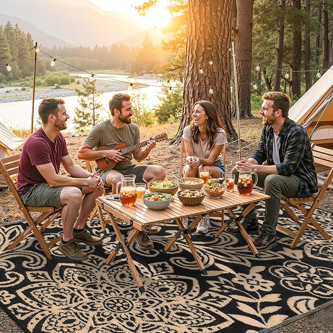 Findosom Waterproof Outdoor Rug 5' x 8' - Reversible Mandala Outdoor Plastic Straw Rug, Durable Foldable Patio Rug for RV, Deck, Balcony, Backyard, Picnic, Porch, Camping, Beach, Black