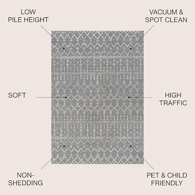 JONATHAN Y Boho Vintage Diamond Gray/Ivory Round Area Rug 8 ft, Moroccan Hype for Living Room, Bedroom, Kitchen, Office, Easy-Cleaning, High Traffic, Pet-Friendly, Non-Shedding (MOH101C-8R)