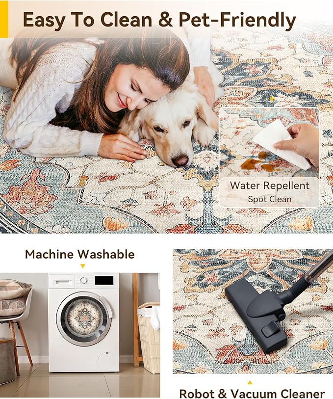 RELEANY Washable Area Rug, Round 6ft, Beige/Blue/Orange | Non-Slip, Water Repellent, Pet Friendly, Easy to Clean, Vintage Floral Boho Decor for Living Room Bedroom Dining Room