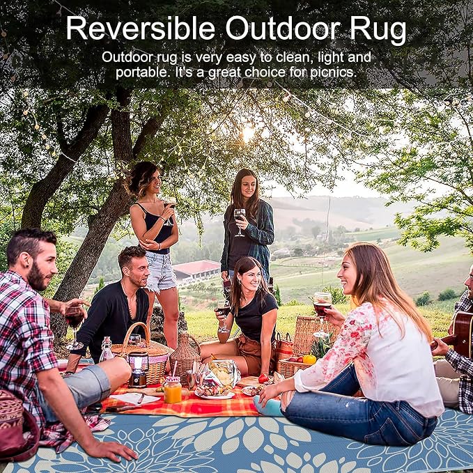 Ileading Waterproof Outdoor Rug 6x9, Reversible Plastic Straw Patio Rug, Portable Indoor Outdoor RV Camping Mat Carpet for Deck, Porch, Balcony, Backyard, Picnic, Floral Dusty Blue