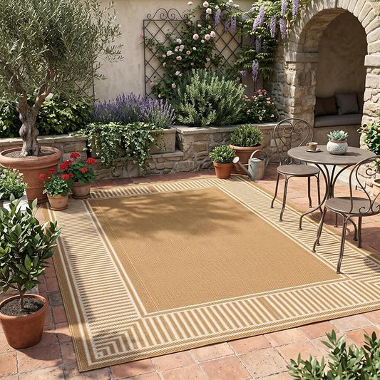 Garvee Outdoor Rug 9x18 Reversible Plastic Straw Patio Rug Border Beige | Reversible, Waterproof, Foldable, Easy Clean, Lightweight Floor Cover for Backyard Camping Porch RV Beach Balcony Deck Picnic
