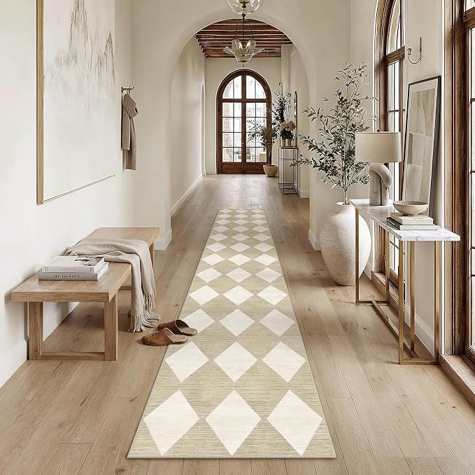 2'6x12 Washable Runner Rug Kitchen Beige Non Slip Checkered Carpet | Soft, Low Pile, Easy Clean, Diamond Pattern for Hallway, Entryway, Laundry Room, Bathroom, Modern Neutral Decor