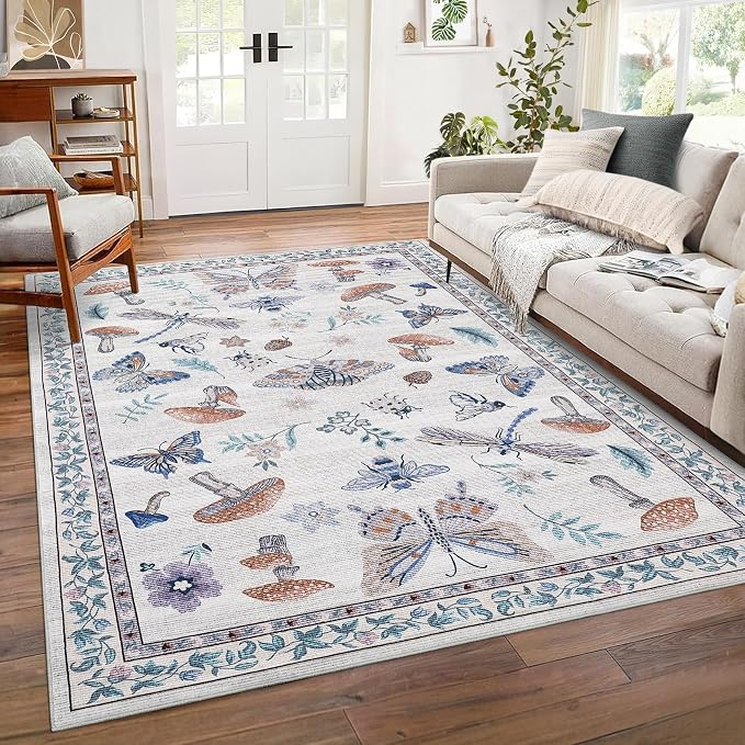 ROYHOME Washable Rug 5x7 Area Rugs for Living Room, Mushroom Insect Rug for Bedroom, 5x7 Rug Non Slip Throw Rugs with Rubber Back, Low Pile Stain Resistant Modern Carpet for Dining Room Dorm,Beige