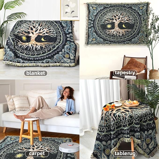 Boho Throw Blanket Reversible Cotton Bohemian Tapestry Hippie Room Decor Outdoor Blanket Double Sided (Boho Tree 50"x60")