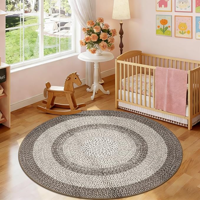 RUGSREAL Modern Bordered Round Area Rug 4ft Washable Bedroom Circle Rugs | Non Slip Stain Resistant Dining Room Round Throw Carpet Contemporary Circle Mats for Living Room Kitchen Nursery, Mocha