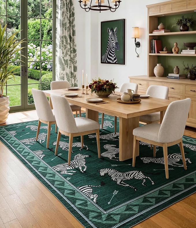 YIHOUSE Green Zebra Area Rugs 6×9, Washable Animal Print Rug with Southwestern Border, Non-Slip Low Pile Mid-Century Modern Carpet for Living Room, Bedroom, Dining Room