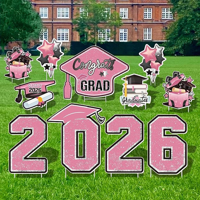 Large 11 PCS Graduation Yard Signs, Class of 2026 Congrats Grad Outdoor Lawn Yard Sign with Stakes, Graduate Yard Decorations for College High School Party, Pink