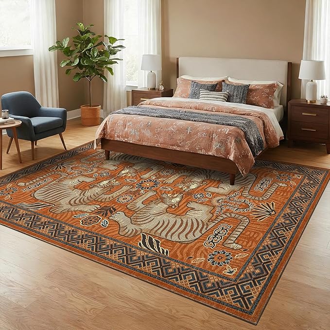 GarveeHome Large Tiger 9x12 Area Rugs Boho Washable Vintage Living Room Rug | Non Slip Terracotta Rugs for Bedroom, Tribal Soft Animal Print Throw Rug Ultra Thin Stain Resistant Floor Carpet for Office