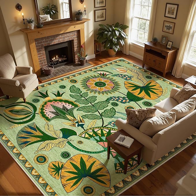 Joydeco Egypt Floral Boho Washable 8x10 Area Rug for Living Room Bedroom | Sage Green Botanical Colorful Aesthetic Large Non Slip Indoor Throw Carpet for Dining Room Nursery Guest Room Playroom Dorm