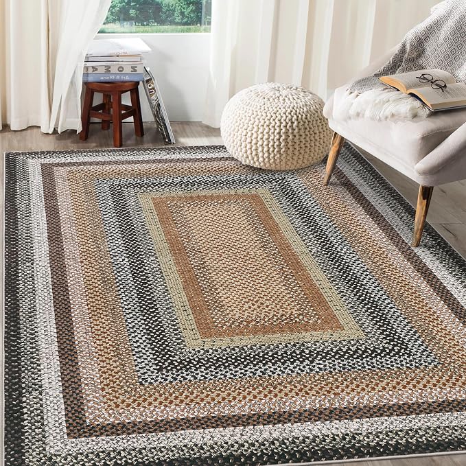 RUGSREAL Large Living Room Area Rug 10x13 Braided Washable Rug Non Slip | Bedroom Carpet Stain Resistant Dining Room Braid Printed Farmhouse Accent Throw Rug for Home Decor Office, Sand/Bronze