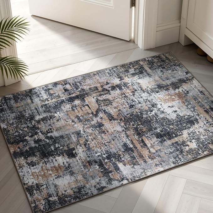Sasttie 2x3 Entryway Area Rug, Modern Abstract Small Carpet, Black & Cream | Machine Washable, Ultra-Soft Faux Wool, Non-Slip, Low Pile, Thin, for Entrance, Door-Mat, High-Traffic Areas