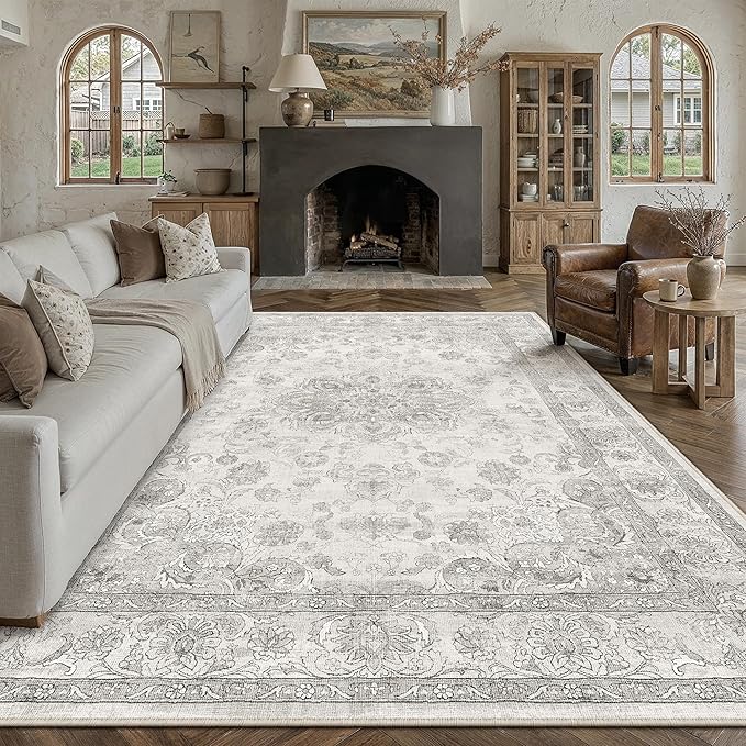Gray 9x12 Washable Area Rug Living Room Vintage Distressed Carpet | Soft Low Pile, Non Slip, Stain Resistant, Traditional Retro Decor for Bedroom, Dining Room, Office, Kids Room
