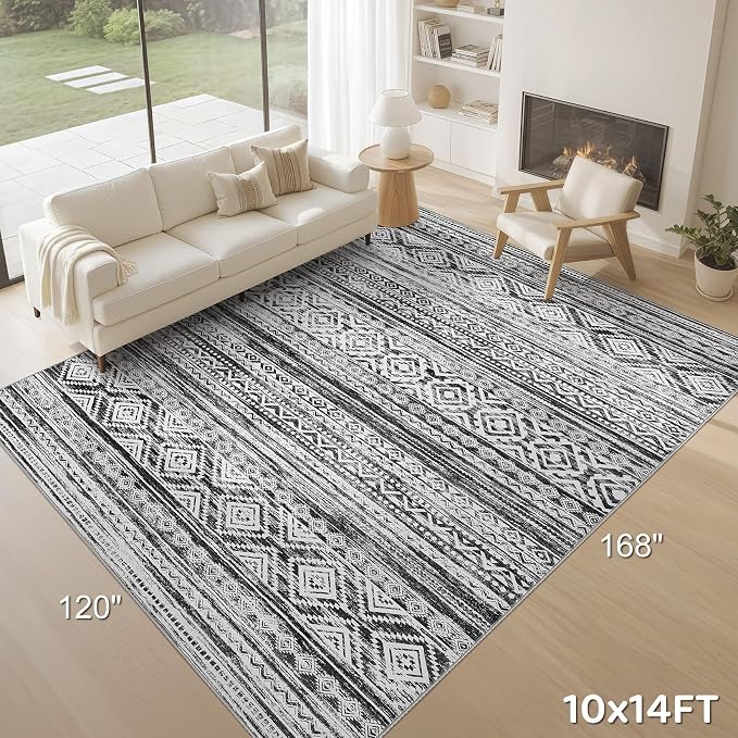 cotiled Boho 10x14 Area Rug for Living Room: Large Moroccan Washable Rug | Solve Modern Neutral Trendy Home Decor - Stain Resistan Carpet for Bedroom Farmhouse White Black