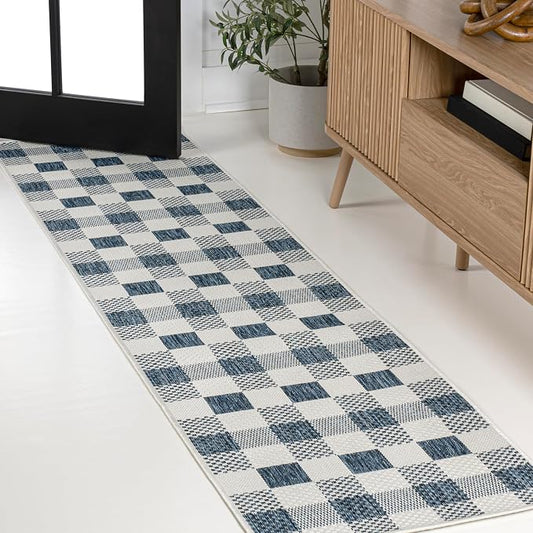 JONATHAN Y Geometric Bold Gingham Indoor Outdoor Runner Rug 2X8 Navy/Cream, Darcy Traditional for Backyard, Patio, Porch, Easy-Cleaning, High Traffic, Pet-Friendly, Non-Shedding (TSN201C-28)