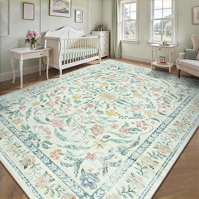 8x10 Area Rugs, Machine Washable Low Pile Floral Rugs for Living Room, Bedroom, Large Boho Area Rug with Non-Slip Backing for Dining Room(Beige Bloom)