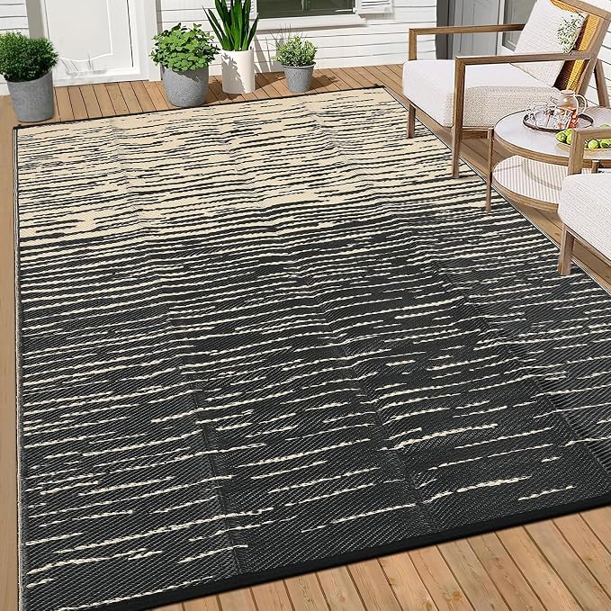 Garvee Patio Rugs Outdoor Waterproof 8x10 Modern Outdoor Camping Rug, Neutral Striped Plastic Straw Rugs, Reversible UV Resistant Outside Carpet for Picnic Backyard Deck Camper Balcony, Black Coffee