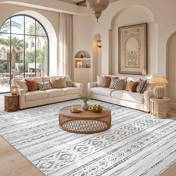 cotiled Boho 7x9 Area Rug for Living Room: Large Moroccan Washable Rug | Solve Modern Neutral Trendy Home Decor - Stain Resistan Indoor Carpet for Bedroom Dining Room Cream Grey