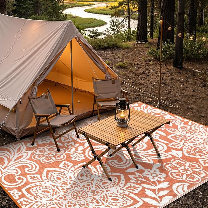 Findosom Waterproof Outdoor Rug 6' x 9' - Reversible Mandala Outdoor Plastic Straw Rug, Durable Foldable Patio Rug for RV, Deck, Balcony, Backyard, Picnic, Porch, Camping, Beach, Orange