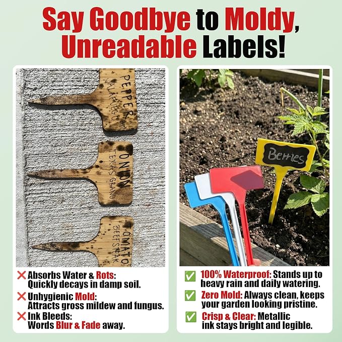 100 Pack 11.8" White Plant Labels for Outdoor Garden Waterproof, T-Type Garden Label Stakes with Black Stickers & Gold Pen, Tall Plant Markers and Plant Tags for Vegetables, Herbs, Flowers