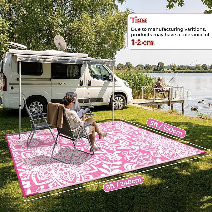 Findosom Waterproof Outdoor Rug 5' x 8' - Reversible Mandala Outdoor Plastic Straw Rug, Durable Foldable Patio Rug for RV, Deck, Balcony, Backyard, Picnic, Porch, Camping, Beach, Pink