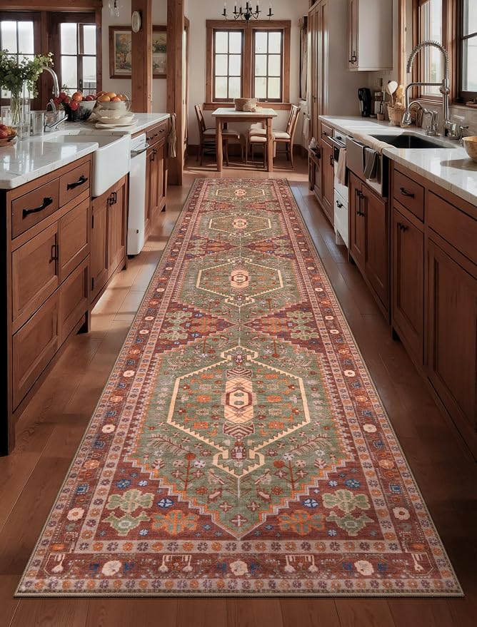 Ciicool 3x10ft Hallway Rug,Long Runner Area Rugs for Vintage Kitchen Decor | Oriental Non-Slip Thin Vintage Indoor Terracotta/Green Entry Carpet for Entryway Bedroom Bedside Living Room Laundry Bathroom