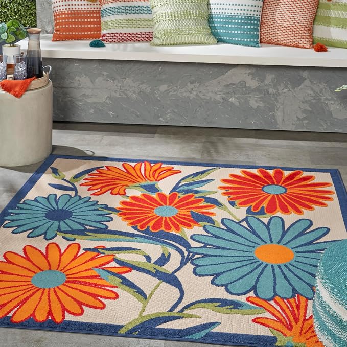 Nourison Home Aloha Multicolor 5'3" x Square Area Rug - Easy Clean, Non Shedding, Bed Room, Living Room, Dining Room, Kitchen (5' x Square)