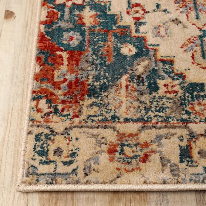 Superior Indoor Area Rug or Runner, Patchwork Rustic Leaves Floor Decor, Soft Plush Rugs for Living Room, Office, Kitchen, Dining, Aesthetic Home Accessories, Zelder Collection 5ft x 8ft - Ivory-Teal